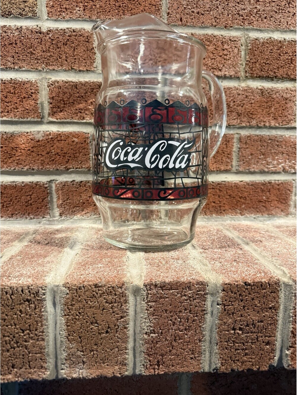 Vintage Coca-Cola 2 Qt Glass Pitcher Coca-Cola Logo Red Black Decorative Scroll